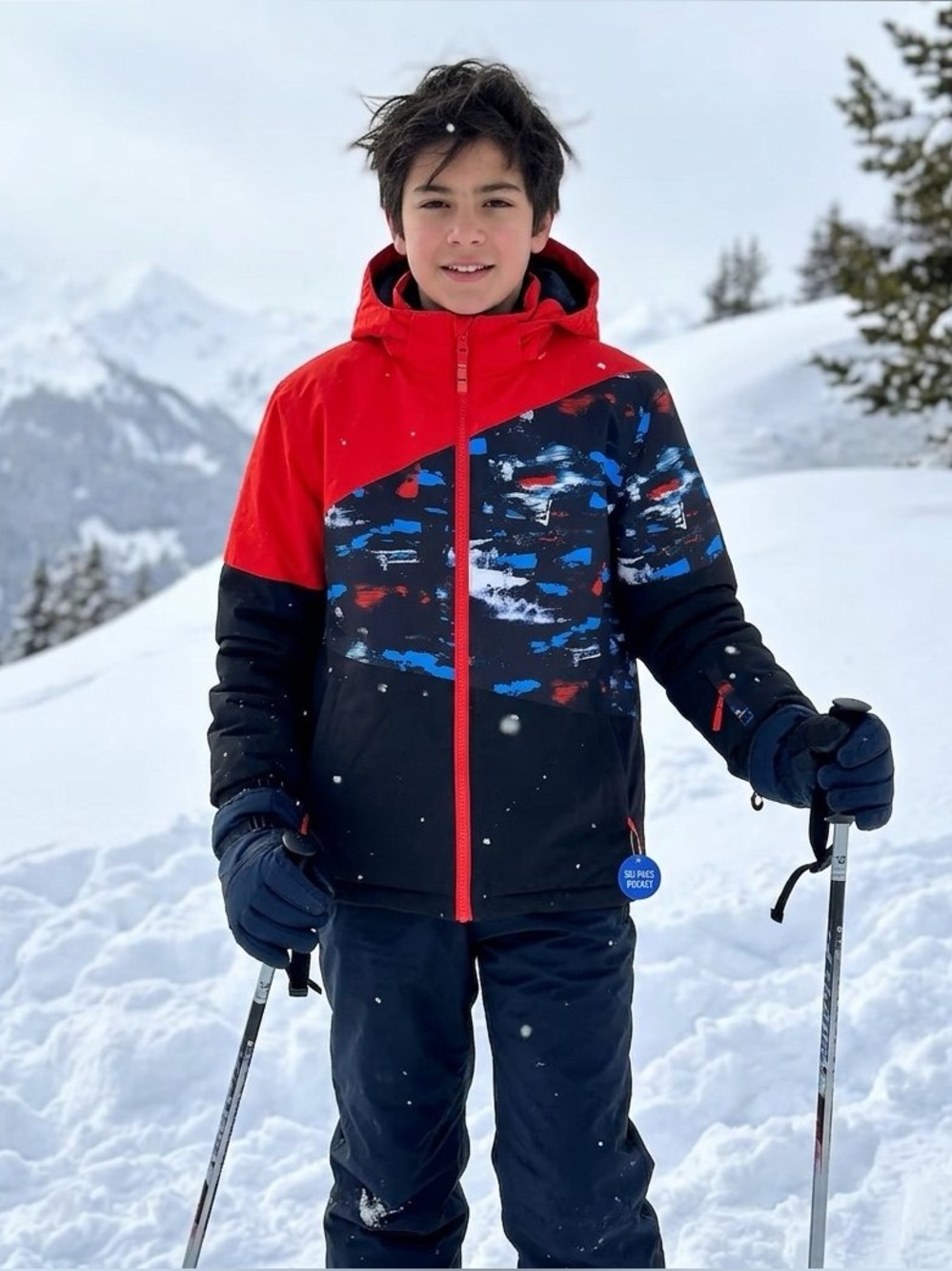 Kids' Red and Navy Insulated Ski Jacket with Graphic Panels